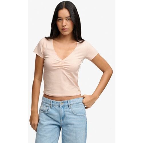 Superdry Gathered V-neck Crop T-shirt Slanke Pasvorm Pink Grootte: 38