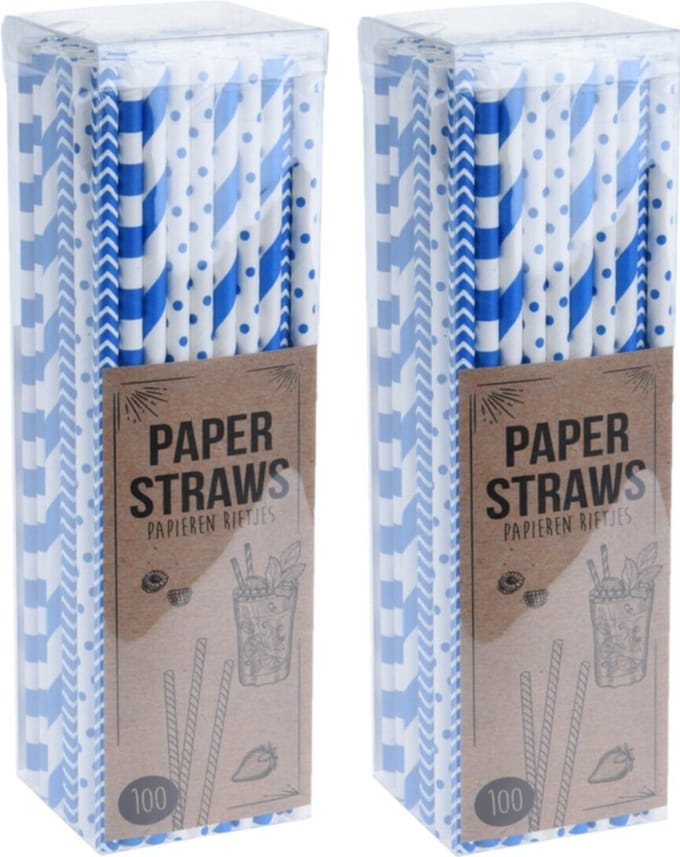 Excellent Houseware Papieren drinkrietjes - 200x - blauw - 20 cm