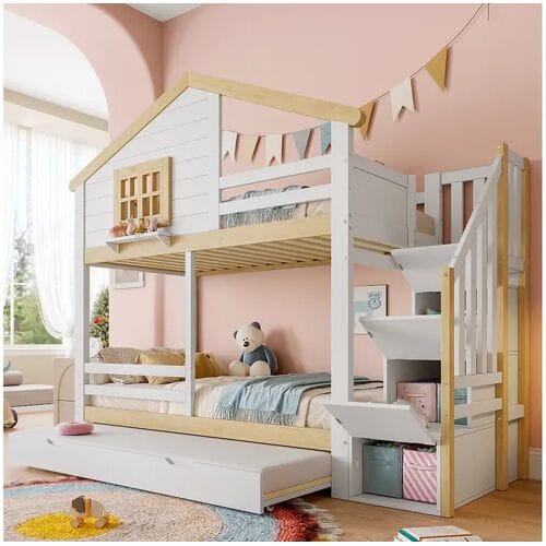 Merax Kinderstapelbed - 2 x 90 x 200 cm - met uitschuifbed 90 x 190 cm - opbergladder - MDF - wit