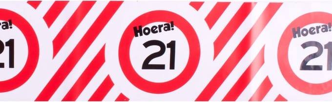 Afzetlint ''Hoera! 21'' - 21 jaar - 4 het moment! - 10 meter