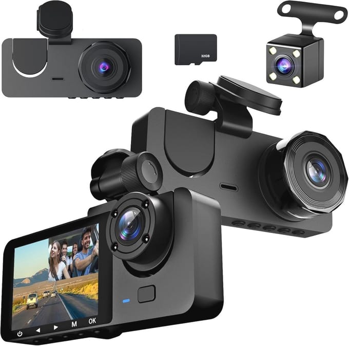 Autorecorder 1080P met 3 Lenzen, 32GB SD-kaart, Bewegingsdetectie en Parkeerbewaking
