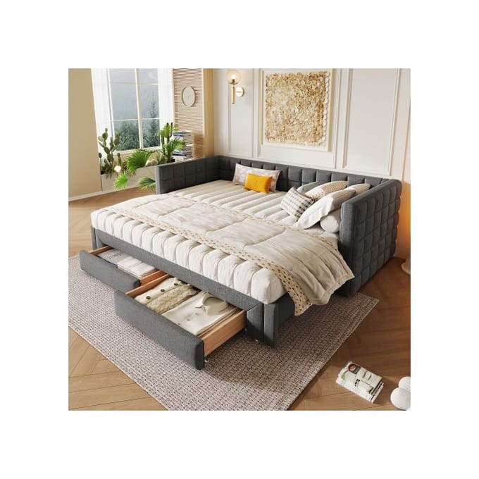 Lit de jour, 90 x 200 cm (extensible à 180), 2 tiroirs, sans matelas, gris grijs