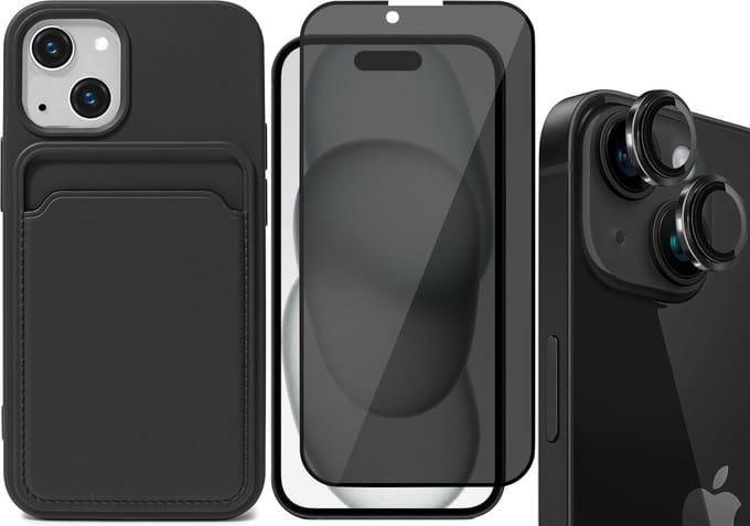 Hoesje Pasjeshouder geschikt voor iPhone 15 - Privacy Screenprotector FullGuard + Camera Lens Screen Protector Zwart - Siliconen Case Back Cover Zwart