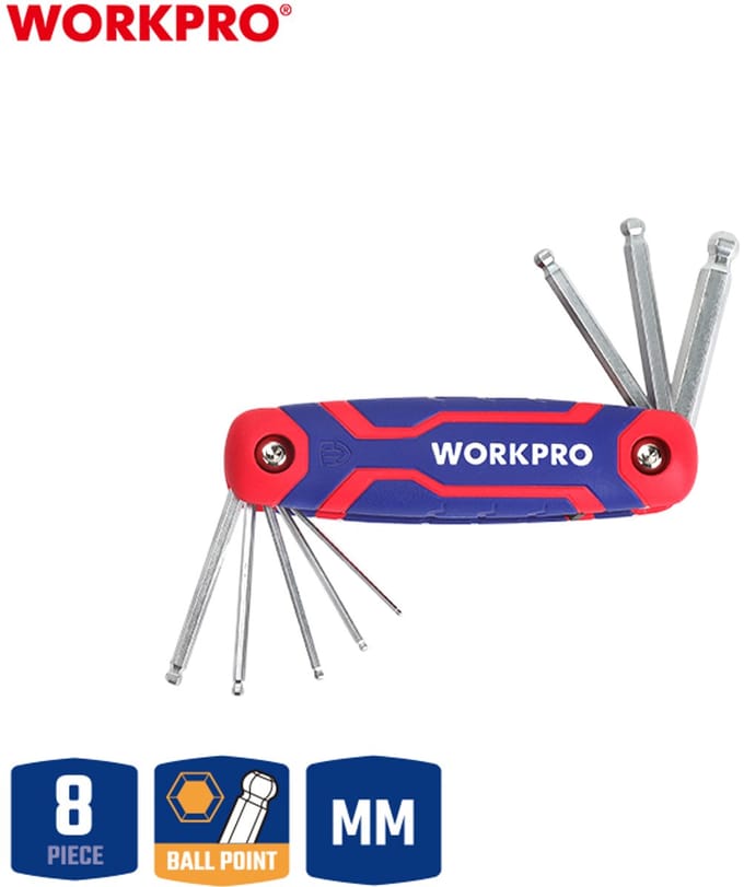 WORKPRO WP222020 Inbussleutelset kogelkop CR-V 8-delig uitvouwbaar