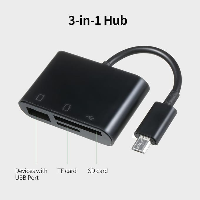 3-in-1 micro-USB naar USB2.0+SD+TF-adapter Micro USB OTG naar USB2.0-adapter SD TF Micro SD-kaartlezer zwart