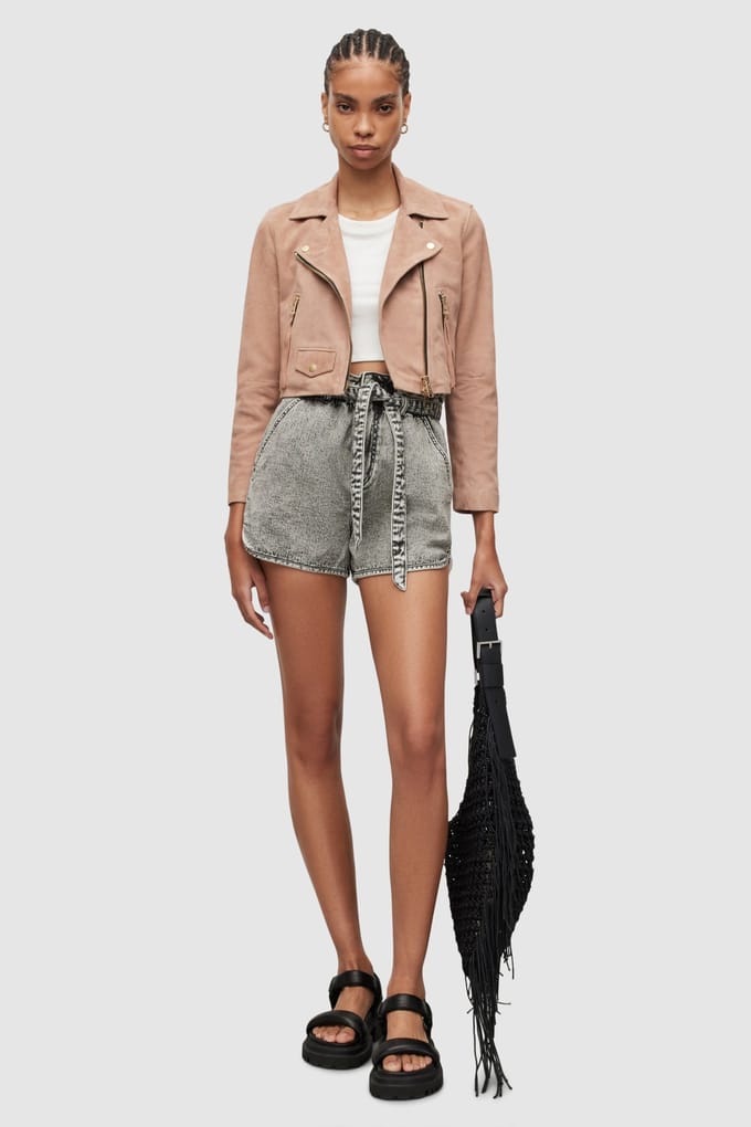 AllSaints Elora Suede Biker Misty Pink Größe: 16 | Lederjacken Outlet | Damen | Rosa