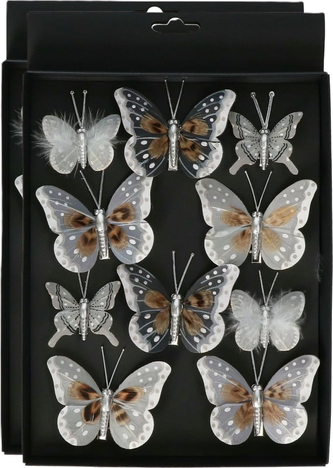 Othmar Decorations vlinders op clip - 20x - grijs/zilver- 5-8 cm - kunststof