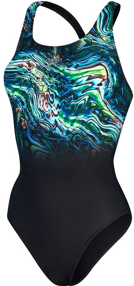 Speedo Womens Placement Digital Powerback Black/Green Glow/Marine Blue