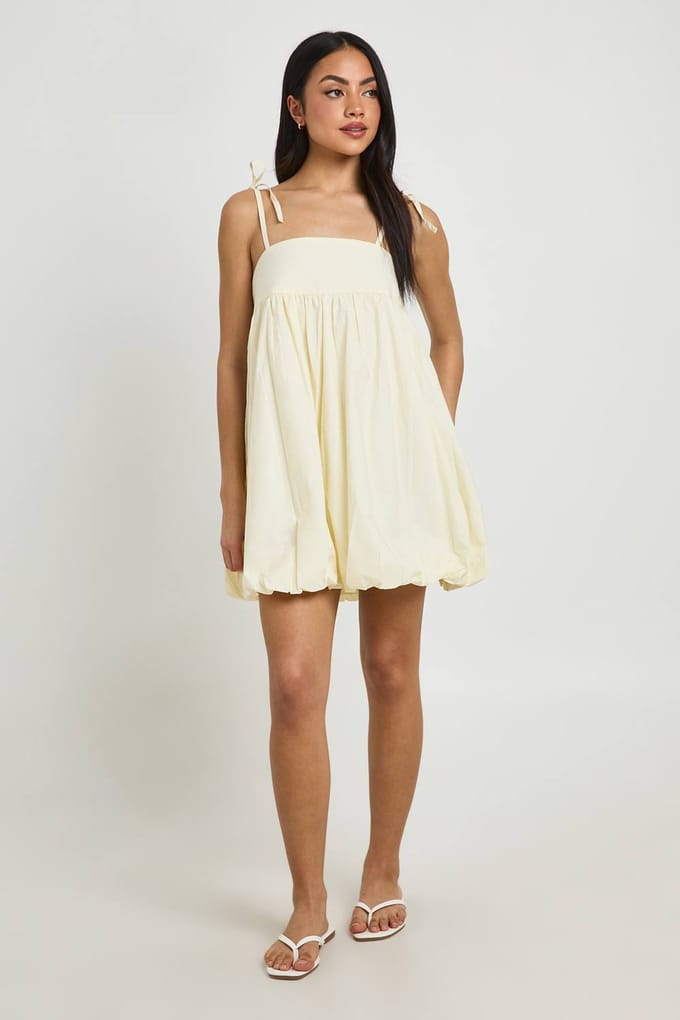 boohoo Dames Katoenen Poplin Puff Ball Mini Jurk | Citroen | Maat: 34