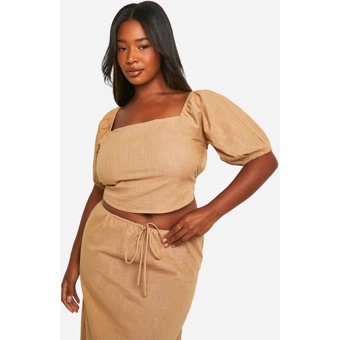 boohoo Dames Plus Tie Back Detail Melkmeidentop | Steen | Maat: 56
