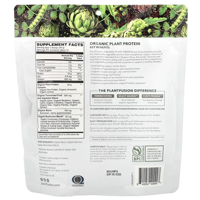 PlantFusion, protéine végétale biologique, vanille crémeuse, 12,2 oz (348 g)