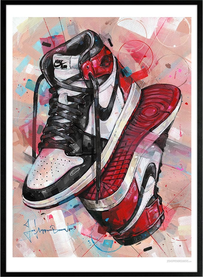 Sneaker print upside down black toe 51x71 cm *ingelijst & gesigneerd
