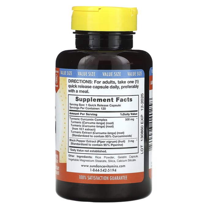 Sundance Vitamins, Complexe Standardisé de Curcuma-Curcumine, 120 Capsules à Libération Rapide