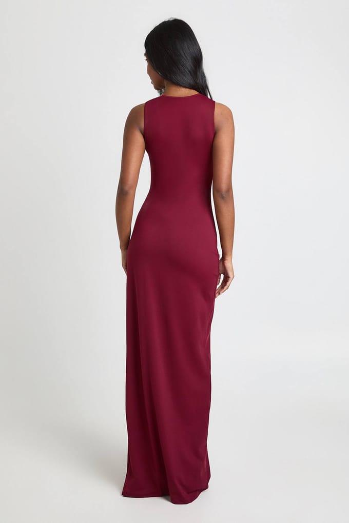 boohoo Dames Slinky Gerimpelde Zijkant Maxi Jurk | Wijn | Maat: 44