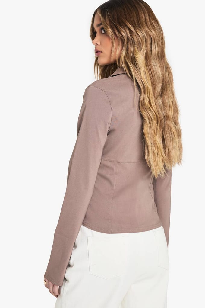 boohoo Dames Bengaline top met kraag en haak-en-oogsluiting | Mocha | Maat: 16