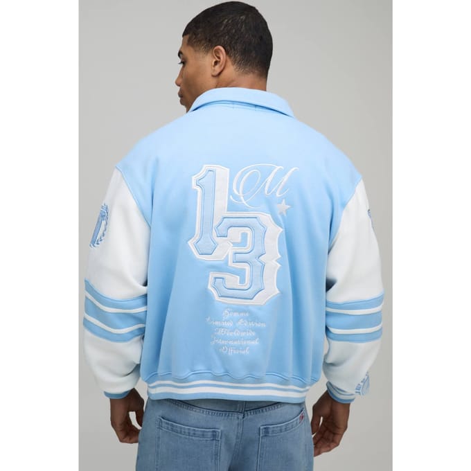 Boxy 13 Applique Jersey Varsity Bomber Jacket | Light Blue | Size XS
