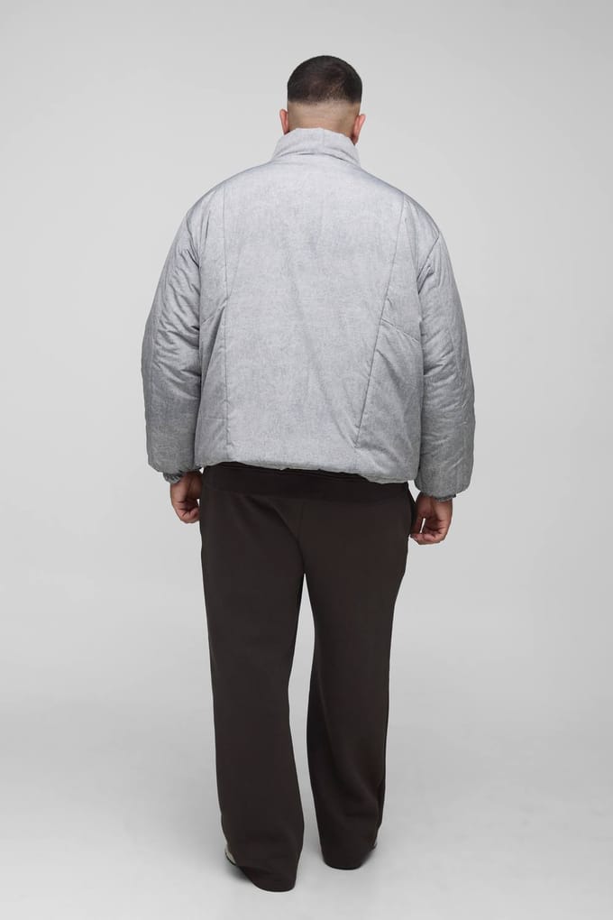 Plus Oversized Fit Gewassen Nylon Gevoerde Funnel Neck Puffer Jas | Grey | Size 2XL