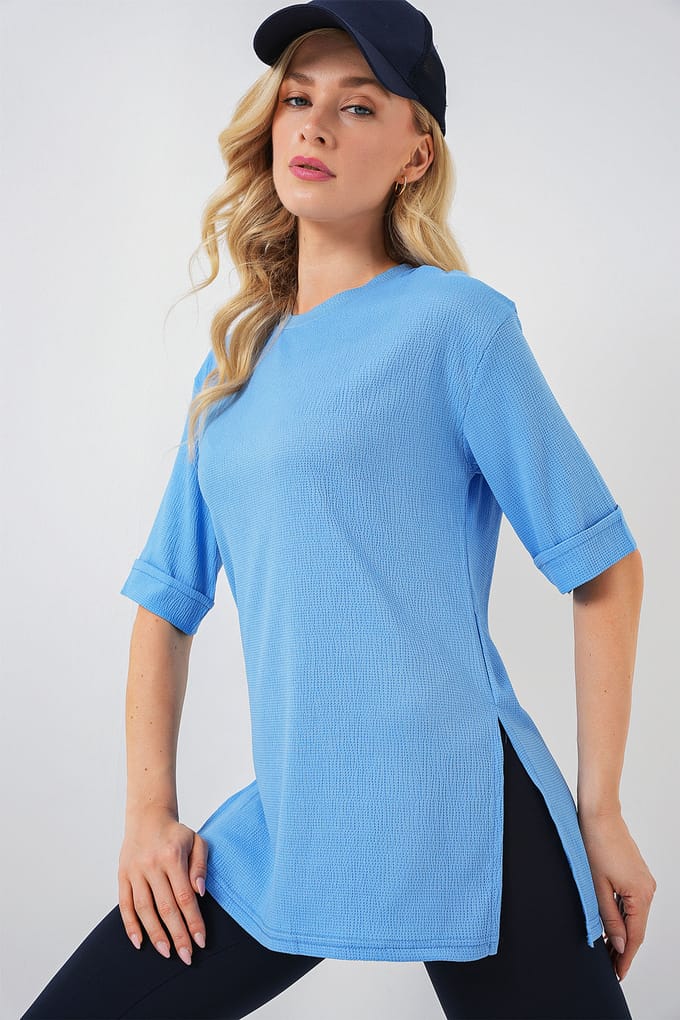 Structuur T-shirt met Korte Mouwen en Ronde Hals