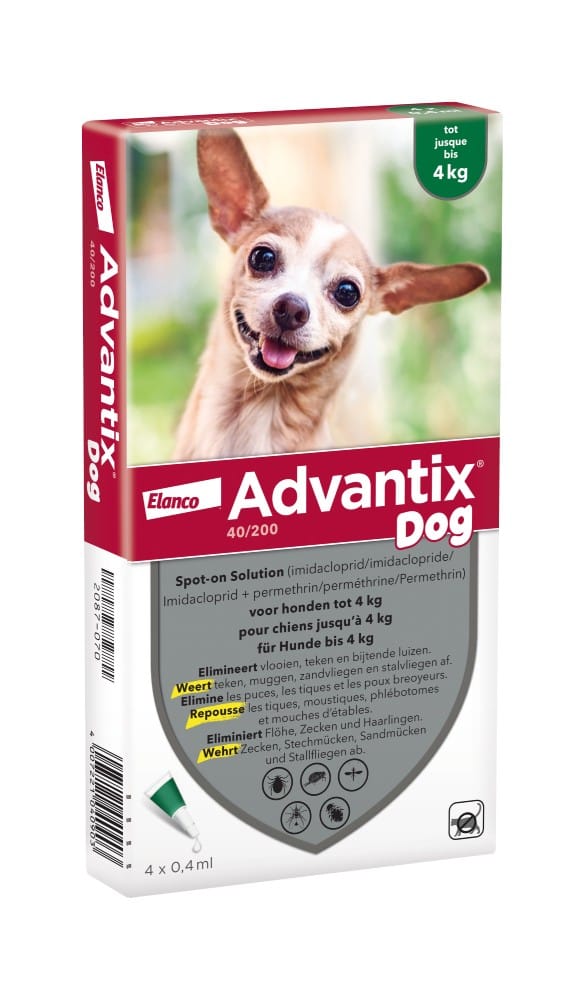 AdvantixÂ 40/200 Spot-on Solution voor honden 4 Pipetten x 0,4ml - BE