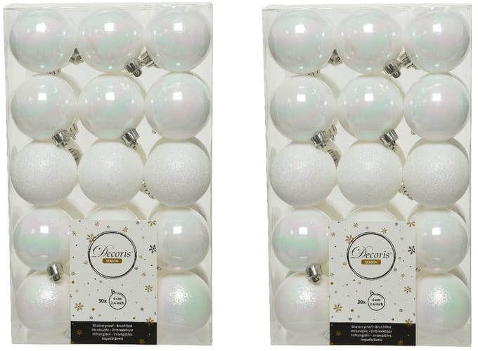 Decoris kerstballen - 60x st - wit parelmoer - D6 cm - kunststof - kerstversiering