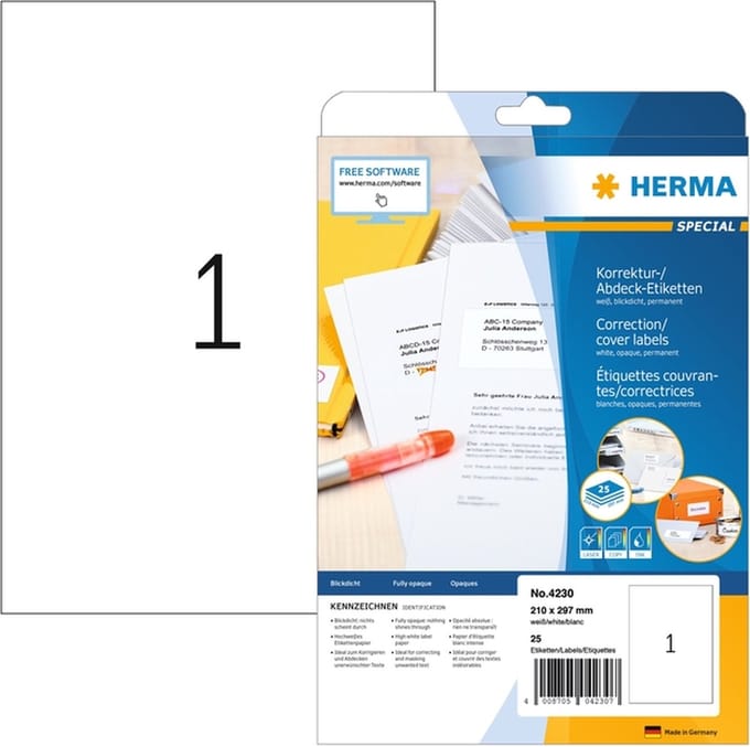 Etiket herma 4230 correctie 210 x 297 mm a4 25 st wit