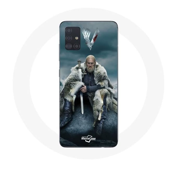 Coque pour Samsung Galaxy A71 Vikings Série Saison 6 Ragnar Lothbrok logo V Epée Gris Fond Brouillar