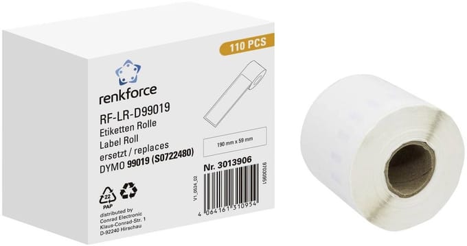 Renkforce Rol met etiketten Compatibel vervangt DYMO DYMO 99019 190 x 54 mm Papier Wit 110 stuk(s) Permanent hechtend Universele etiketten RF-6027812