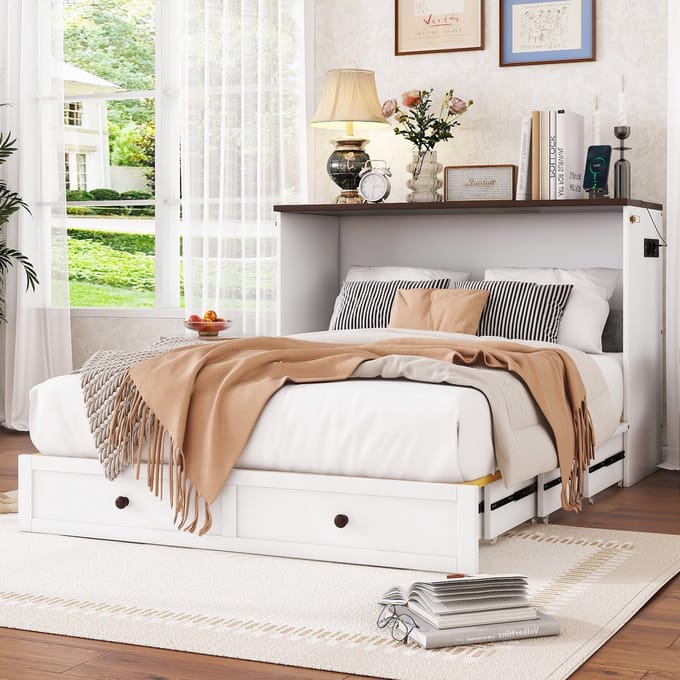 Opklapbed - 140x200 cm - Mobiel met Lades - Plank en USB - Hout - Wit
