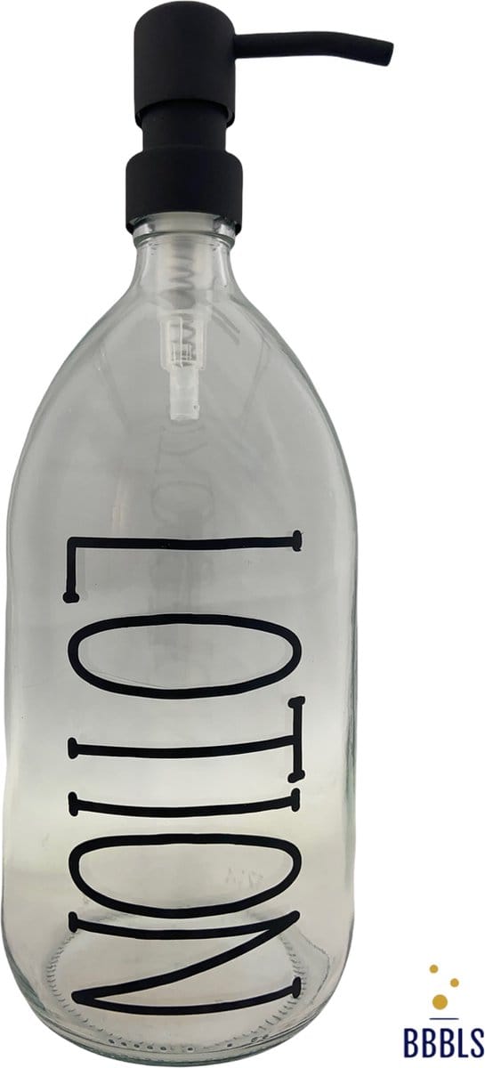 BBBLS® Design Dispenser "Lotion" | Transparant Glas | 1 liter | RVS / Metaal Pomp Zwart | Zeeppomp | Zeepdispenser | Zeephouder
