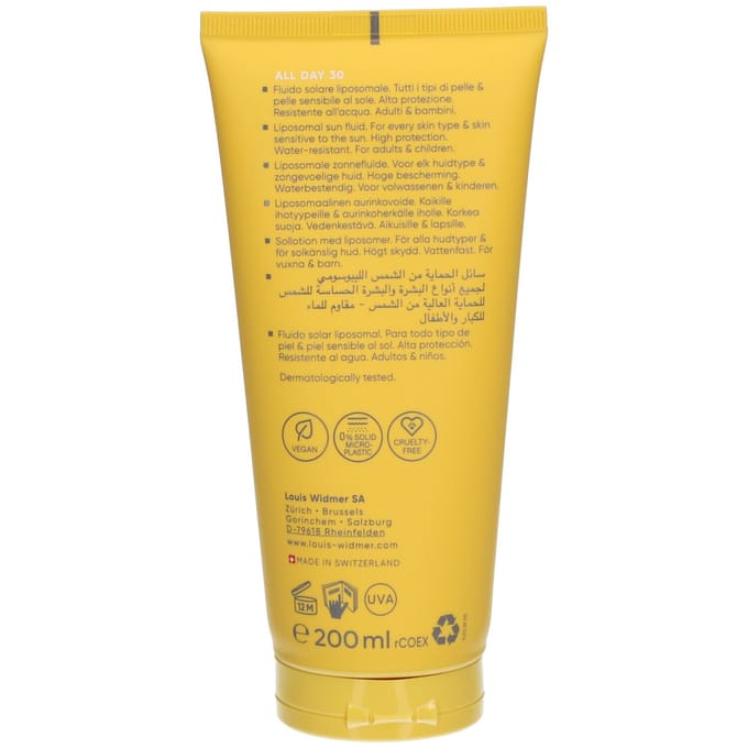 Louis Widmer Zonnemelk SPF 30 all day 200 ml met parfum | Vegan