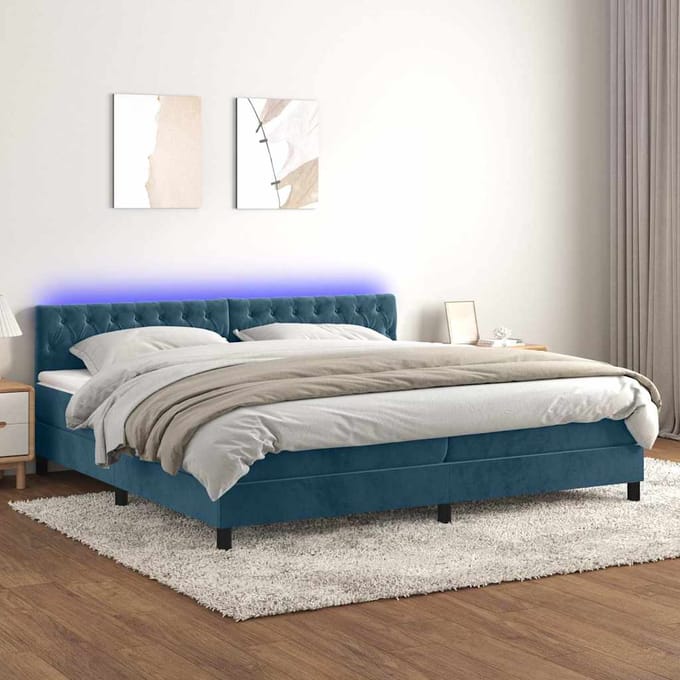vidaXL - Boxspring - met - matras - en - LED - fluweel - donkerblauw - 200x200 - cm