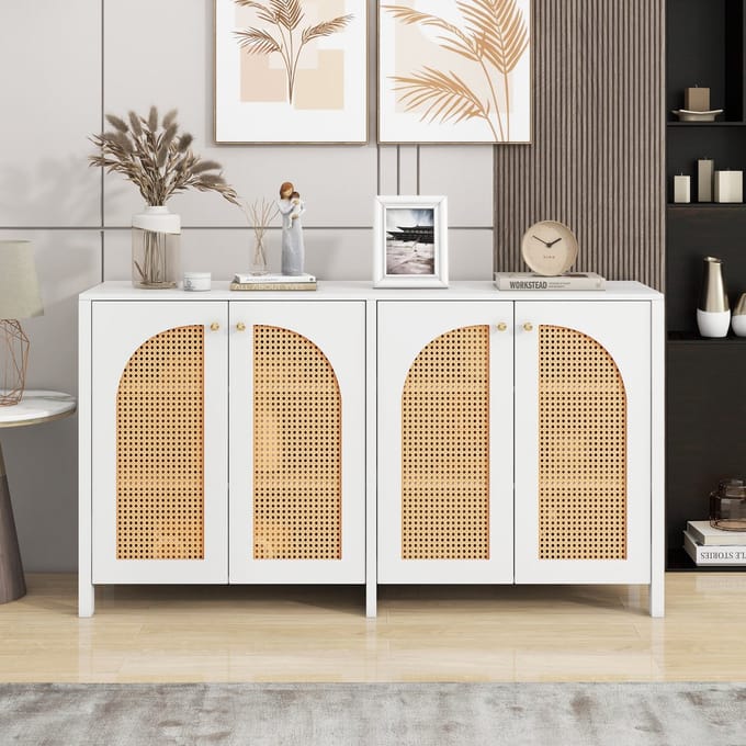 MODFU - Dressoir - 4 Deuren Met Kunstrotan - Minimalistisch - Voor Woonkamer Of Eetkamer - MDF - Wit