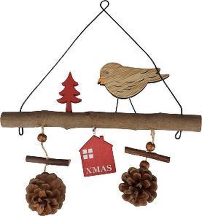 Kerst Hangdecoratie Vogeltje - Rood / Bruin - Hout / IJzer