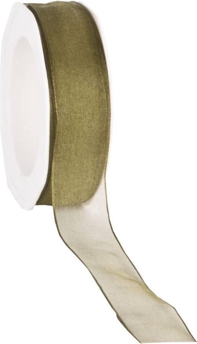 Wired organzalint Olijfgroen – 25 mm × 20 m – Organza