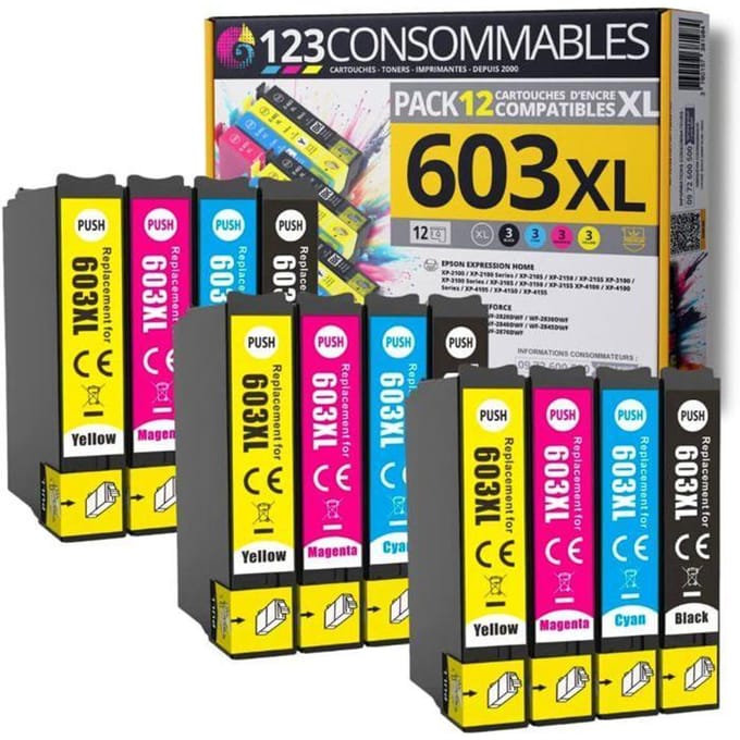 Pack de 12 Cartouches d'Encre Compatible - Epson - 603 XL - Multi-couleurs - Pour XP-2100, XP-3100, WF-2820