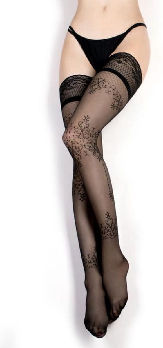 Studio Collants Elegante hold-up kousen met kanten afwerking, zwart S/M