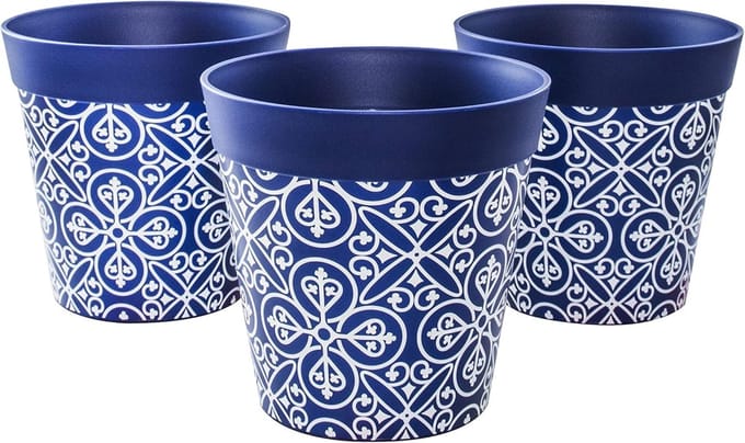 Famanu - Set van 3 decoratieve bloempotten 15 cm blauw patroon