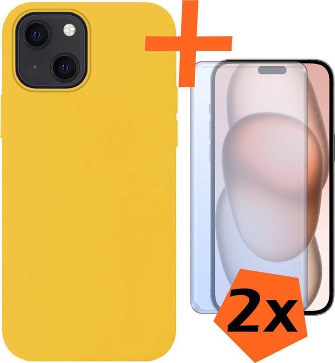Hoes - Met 2x Screenprotector - Geschikt voor Apple iPhone 15 - Sterk & Shockproof - Back Cover - Siliconen Case - Telefoon Hoes - Geel