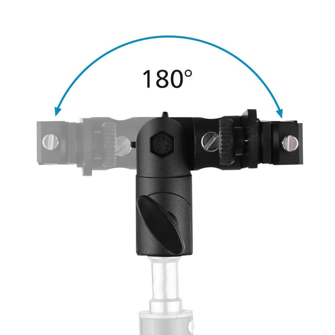 T-vormige Dubbele Flitsbeugel Flits Speedlite Standaard met 2 Cold Shoe Mounts 1/4 Inch naar 3/8 Inch Mount Parapluhouder