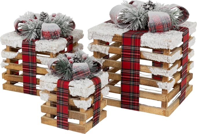 LED geschenkdoos kerstdecoratie set van 3 bruin houten batterijen met timer