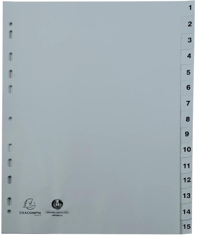 Exacompta 20x Tabbladen met bedrukte tabs in gerecycled PP - 15 tabs - 1 tot 15 - A4 - Grijs - 1715E