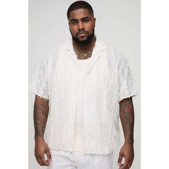 Plus Getufte Gestreepte Relaxed Fit Overhemd | Stone | Size 2XL