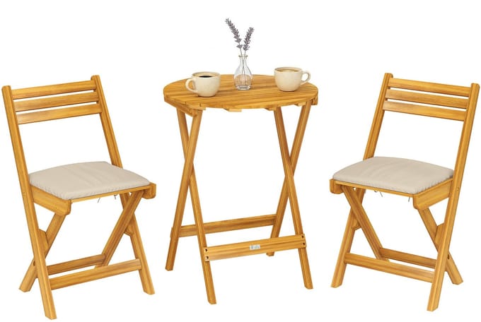 Outsunny Outdoor Bistro Set-Acaciahout, Polyester-Ø60 x 75H cm-Natuurlijk hout