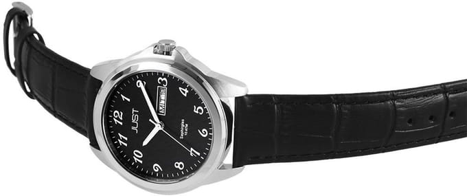 JUST Herenhorloge Echt leer Garrick, zilverkleurig, datumweergave