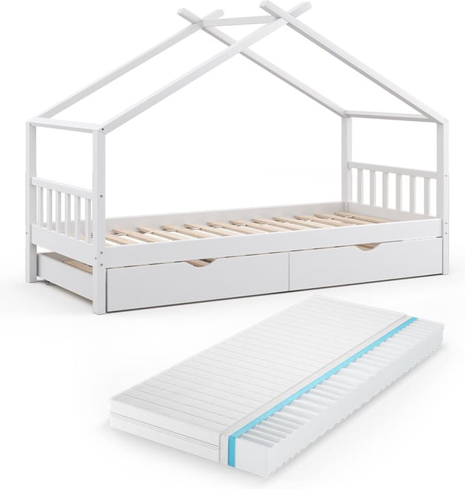 Vitalispa Design Huisbed – 90x200 cm met logeerbed en matras Wit