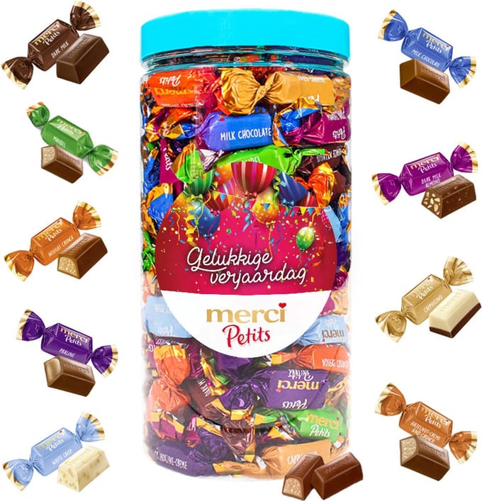 merci Petits chocolade cadeau - "Gelukkige verjaardag" (design 2) - 700g