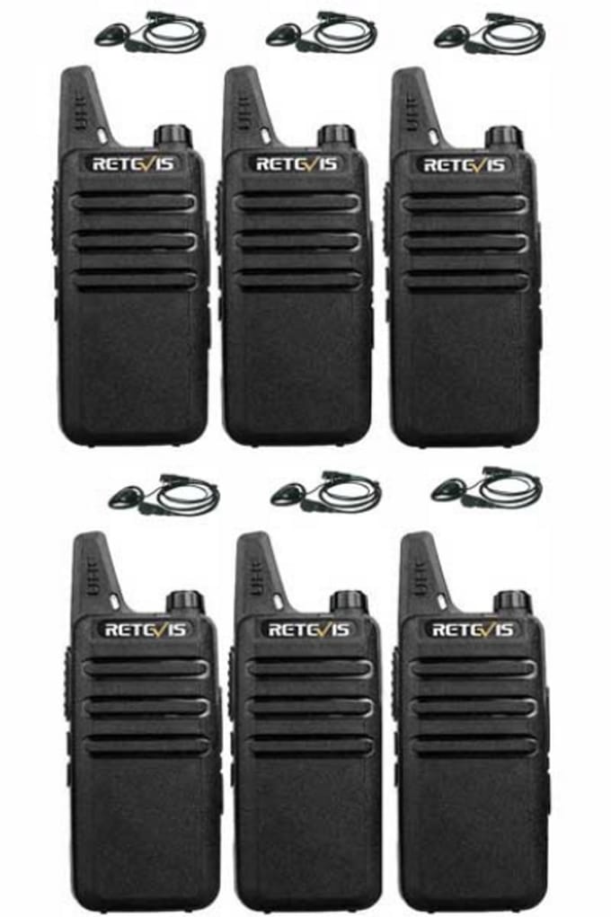 Set van 6 Retevis RT622 vergunning vrije UHF mini portofoons met D-shape oortje