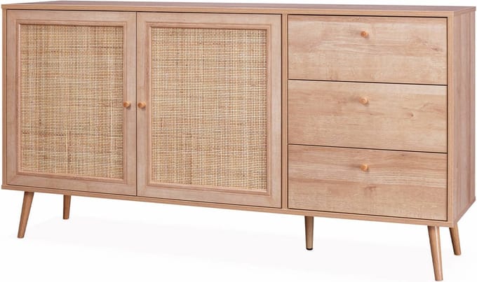 sweeek - Dressoir met 2 deuren 3 lades houtdecor en rotan 150cm - bohème