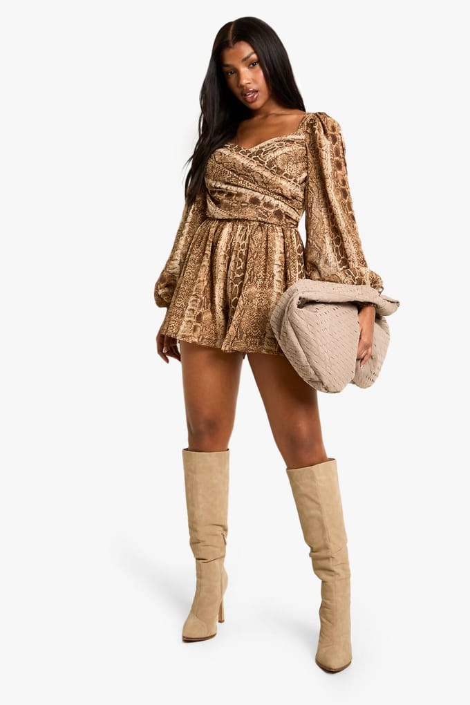 boohoo Dames Snake Print Split Sleeve Playsuit | Bruin | Maat: 38
