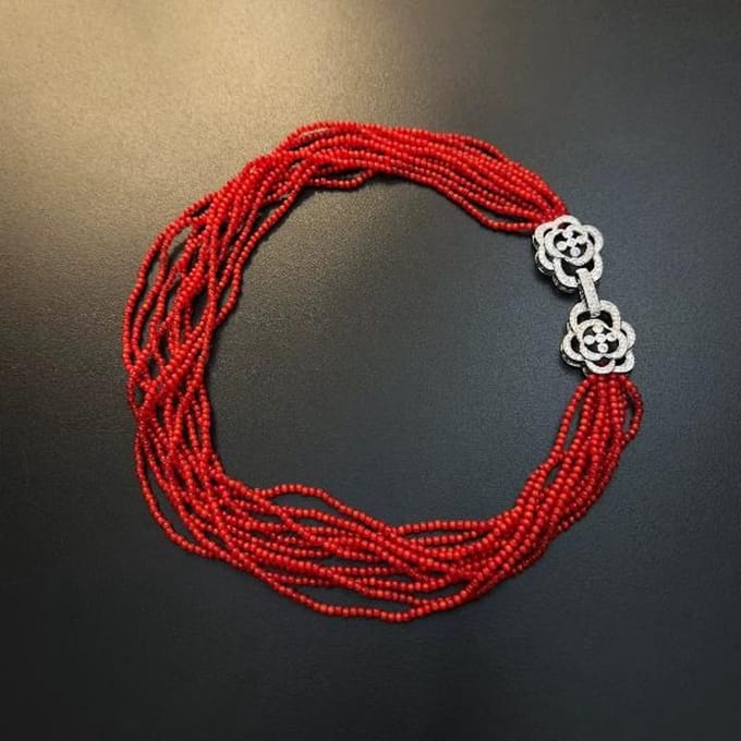 Gevlochten Choker met Kattenoog Kralen - Camille Sluiting - Rood